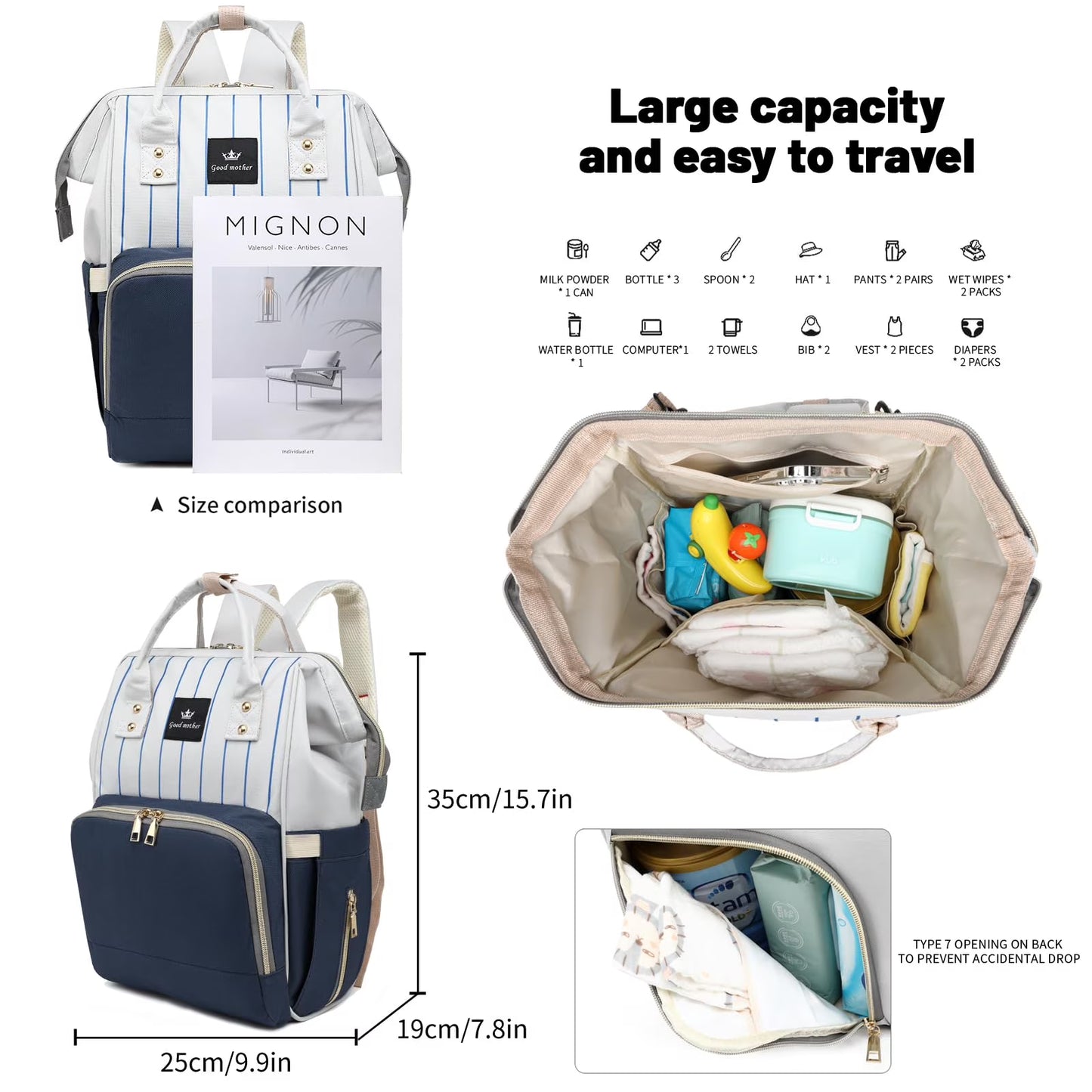 Diaper Bag Bacpack, HDJ Diaper Bag for Travel, Large Capacity Bacpack with Insulated Milk Bottle Pocket for Mommy,Navy/Black