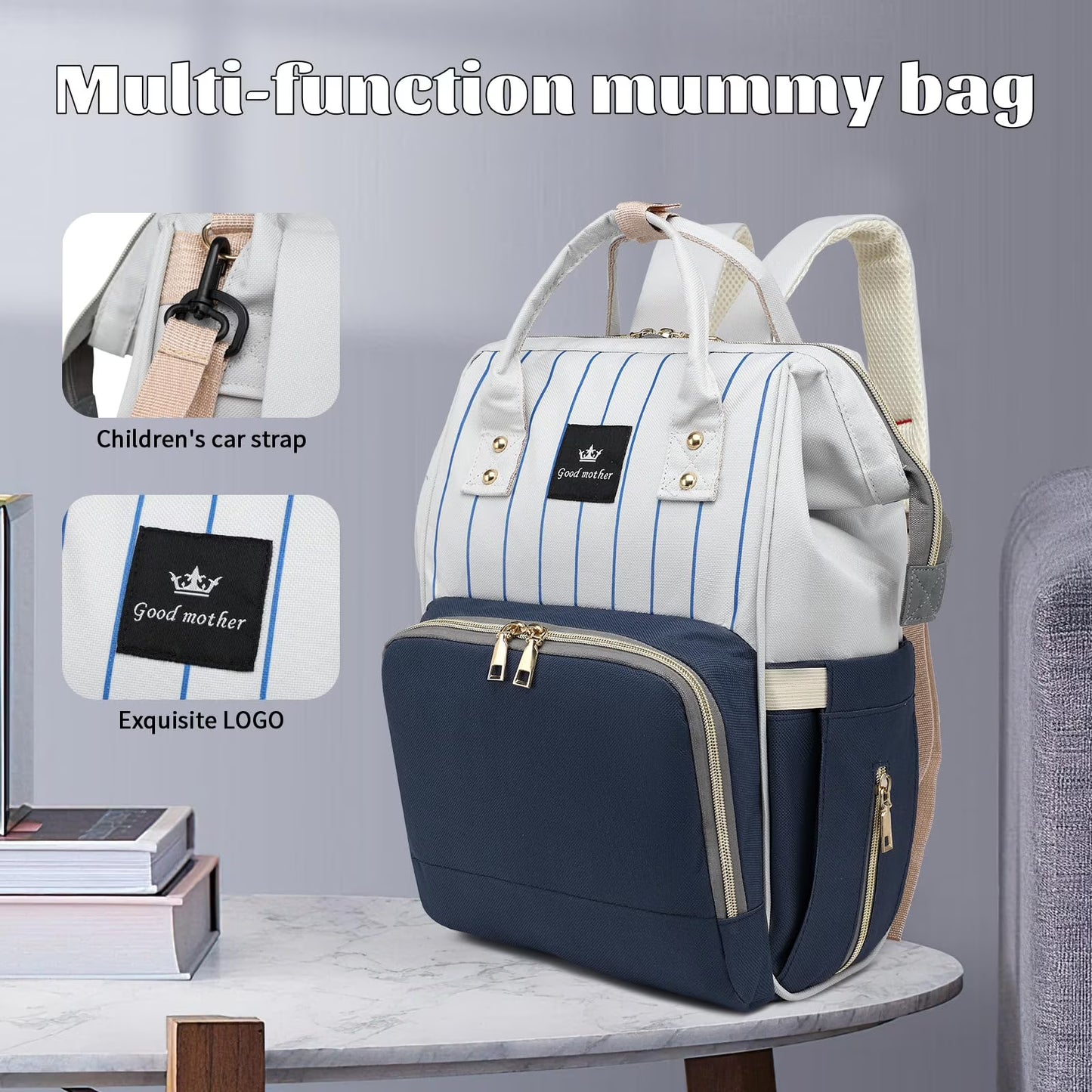 Diaper Bag Bacpack, HDJ Diaper Bag for Travel, Large Capacity Bacpack with Insulated Milk Bottle Pocket for Mommy,Navy/Black