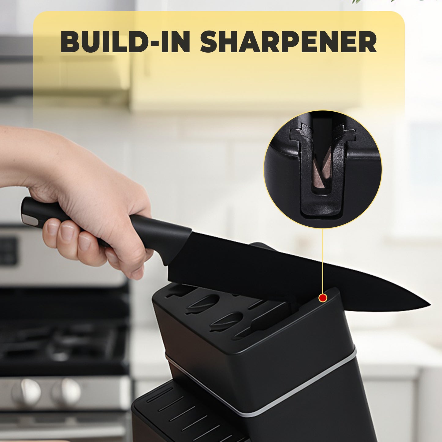 HDJ Kitchen Knife Set, 14Pcs Knife Set with Block and Built-in Sharpener, Healthy Anti-Rust Coating, Black