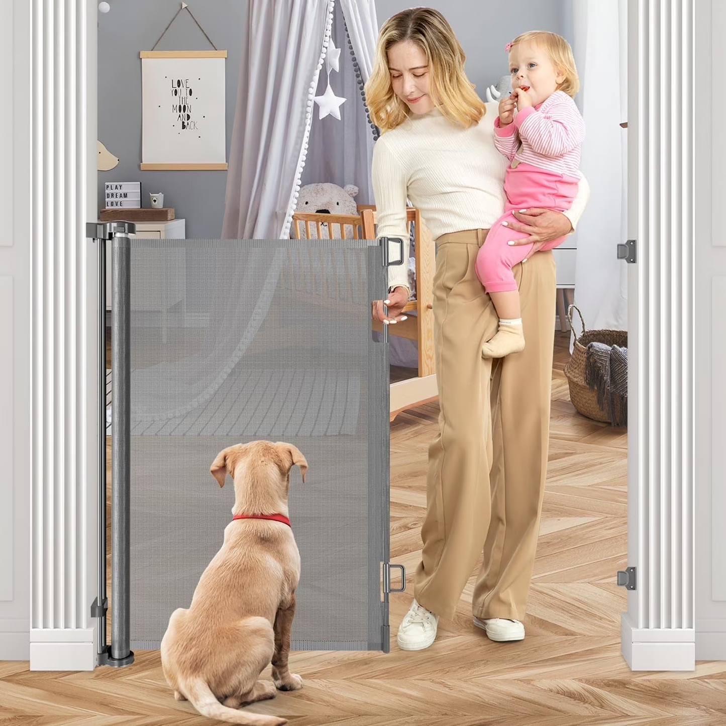 Retractable Baby Gate, HDJ 42-Inch Extra Tall Baby Gate, 71" Wide Baby Gate Dog Gate for Stair, Doorway, Gray/Black