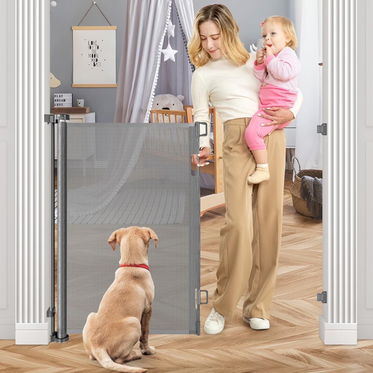 Retractable Baby Gate, HDJ 42-Inch Extra Tall Baby Gate, 71" Wide Baby Gate Dog Gate for Stair, Doorway, Gray/Black