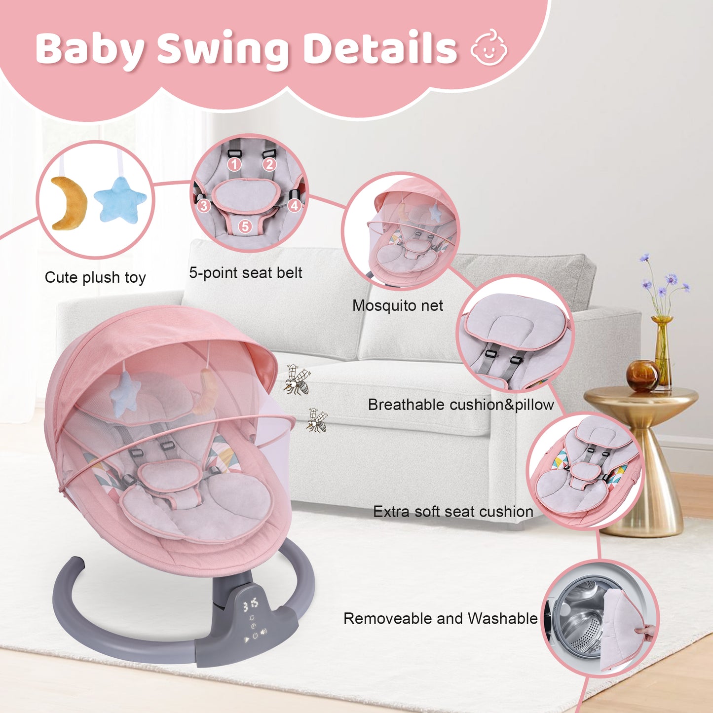 Baby Swing, HDJ Baby Swing for Infants, Portable Electric Baby Rocker with 5 Sway Speed, 10 Songs, APP Remote and Touch Screen Control, Bluetooth Music, Pink