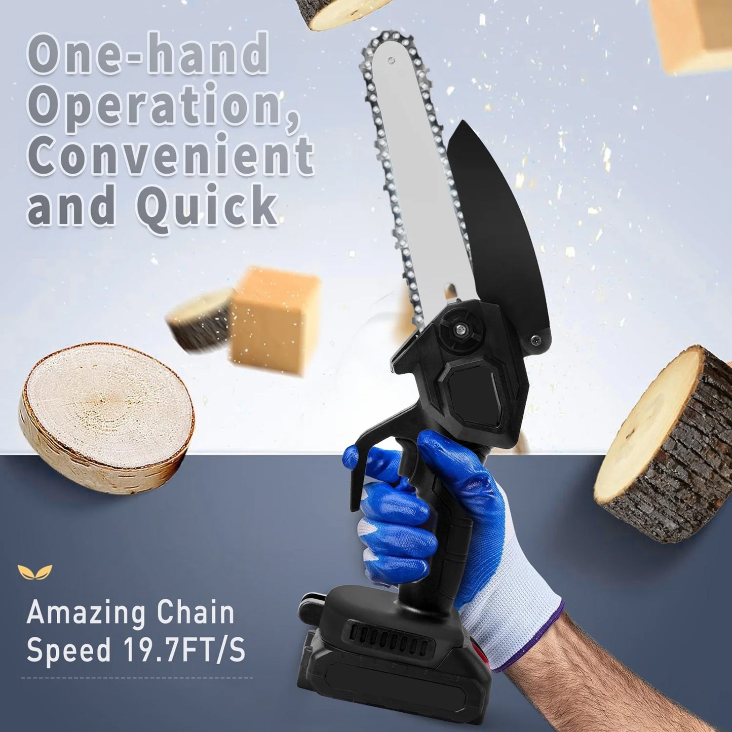 Cordless Chainsaw, HDJ Mini Chiansaw with 6 inch / 8 inch Chians, Portable Handheld Electric Chainsaw for Household & Garden