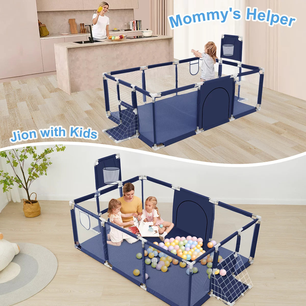 Baby Playpen,71 Inch Extra Large Baby Playard With Basketball Hoop and Breathable Mesh, Baby Play Fence for Indoors Outdoors