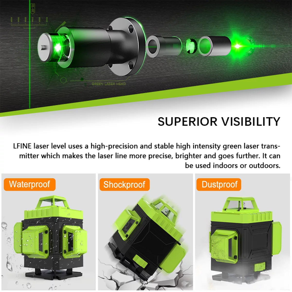 Laser Level Self Leveling,HDJ 16 Lines 4x360° Laser Level Tool,4D Green Cross Horizontal Vertical Laser Tool With Remote Control and 2PCS 2400mAh Battery