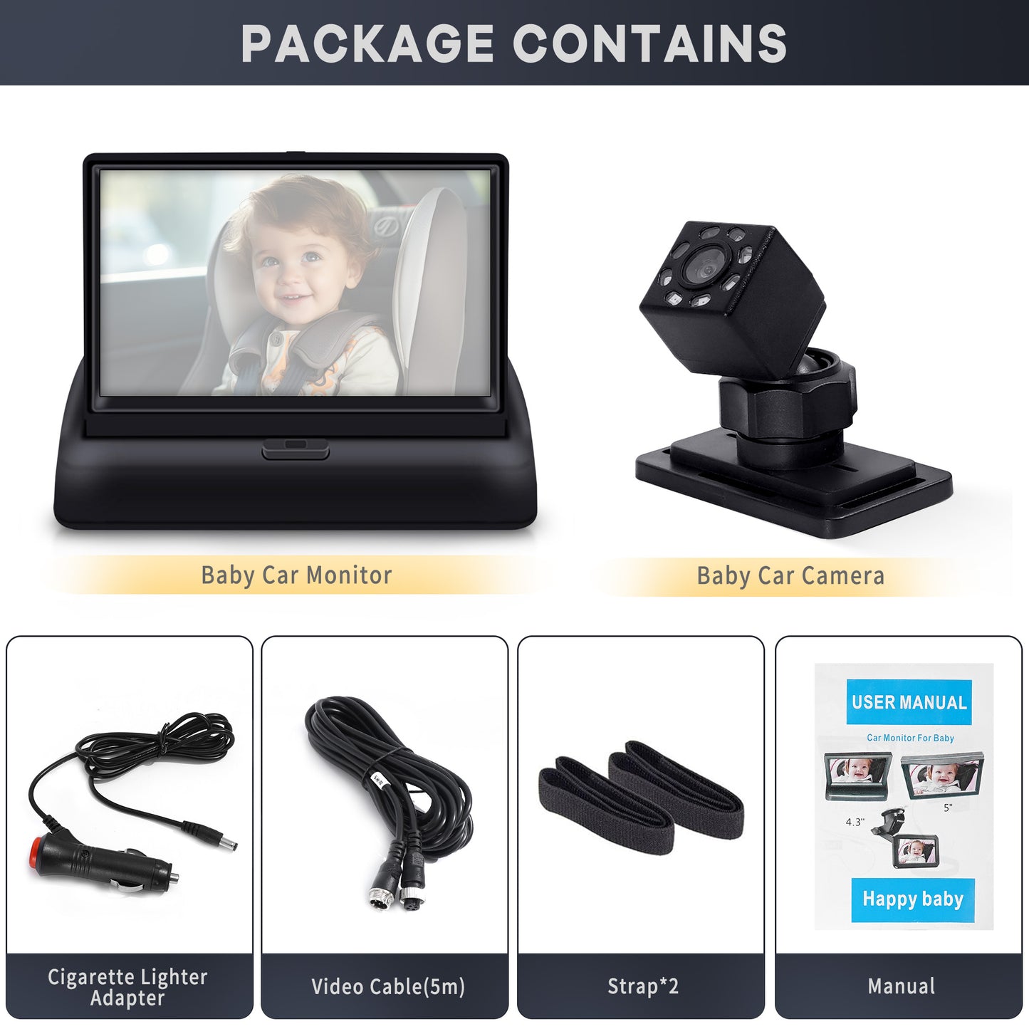 Baby Car Camera, HDJ 4.3'' HD Night Vision Function Car Mirror Display, 360° Adjustable Safety Car Seat Mirror Camera Monitored Mirror with Wide Clear View, Easily Observe Baby’s Move