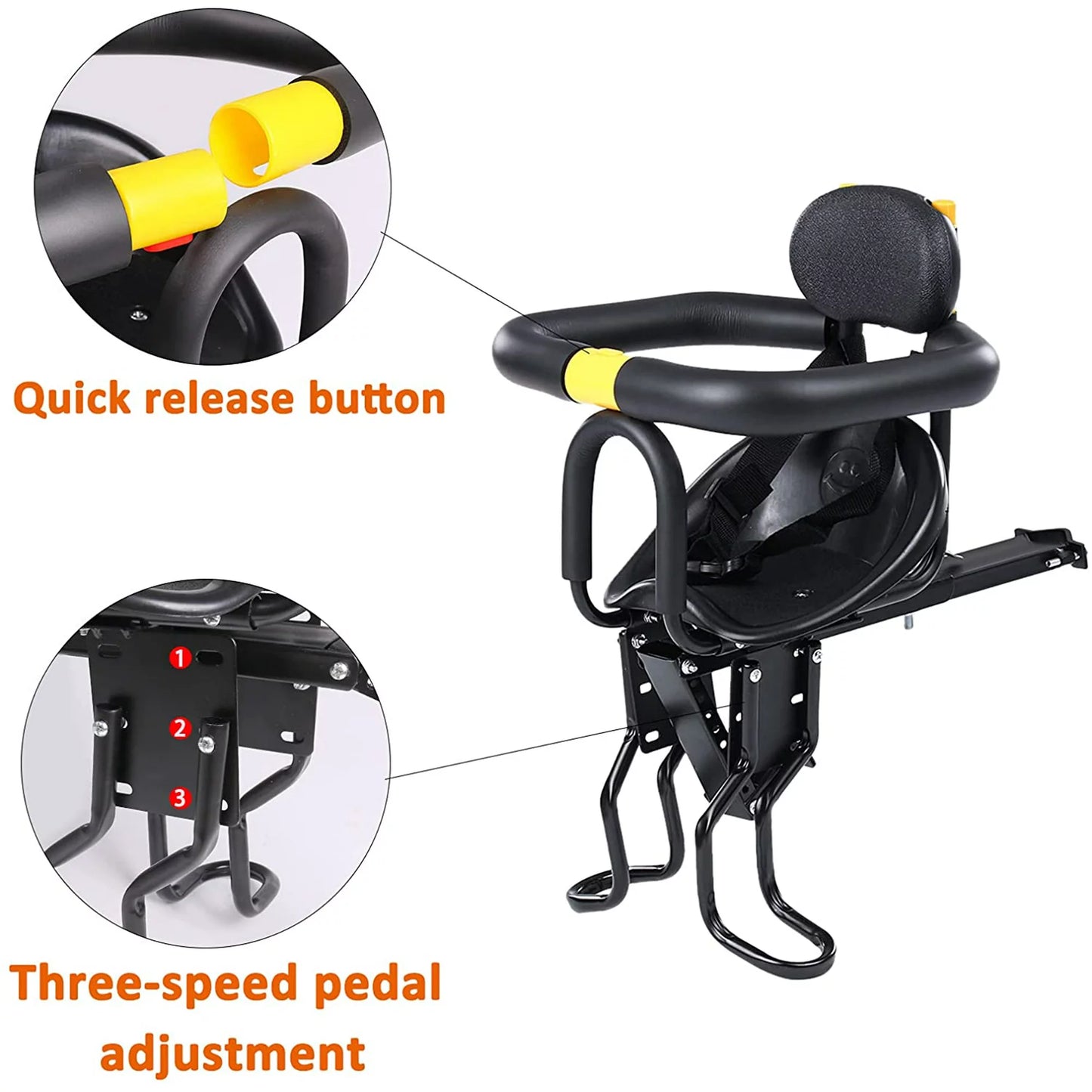 Kids Bike Seat,HDJ Child Bicycle Front Seat,Kids Safety Saddle with Foot Pedals Aluminum Alloy, Black