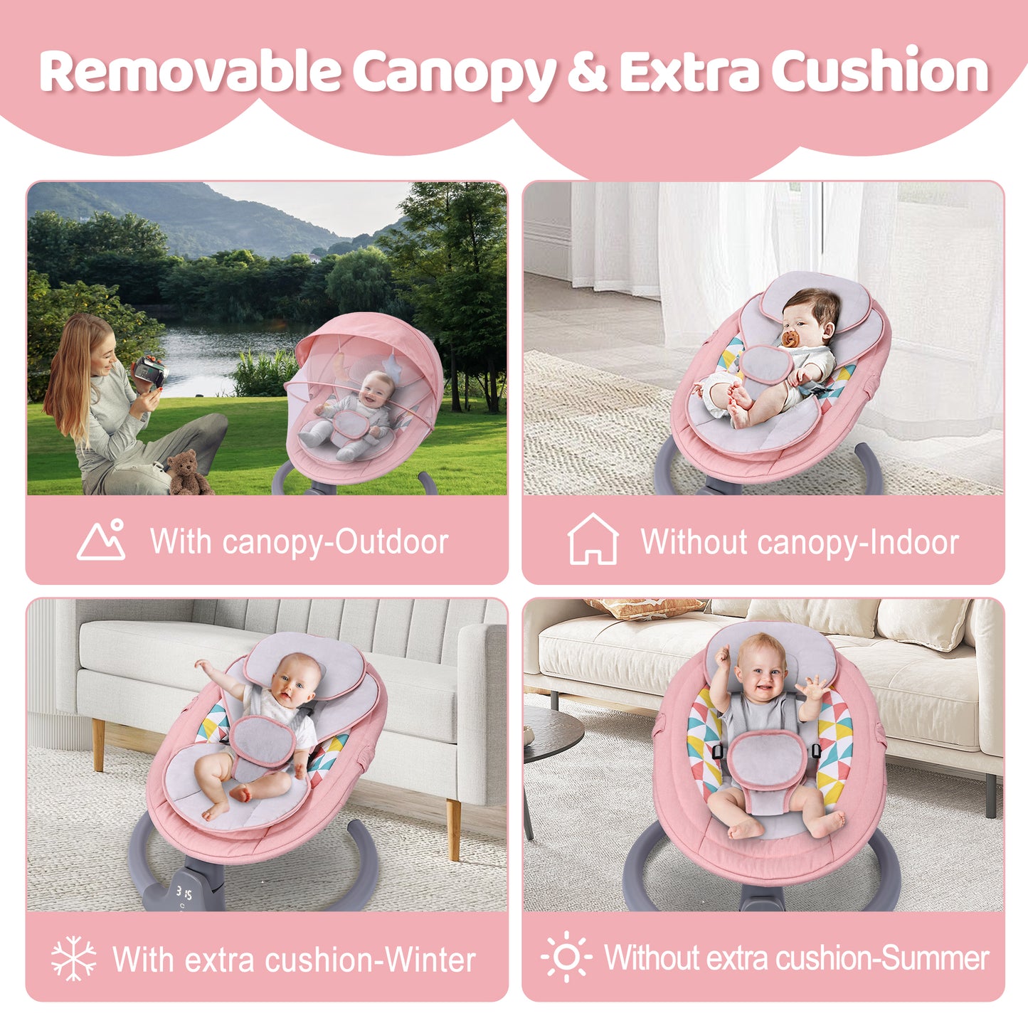Baby Swing, HDJ Baby Swing for Infants, Portable Electric Baby Rocker with 5 Sway Speed, 10 Songs, APP Remote and Touch Screen Control, Bluetooth Music, Pink
