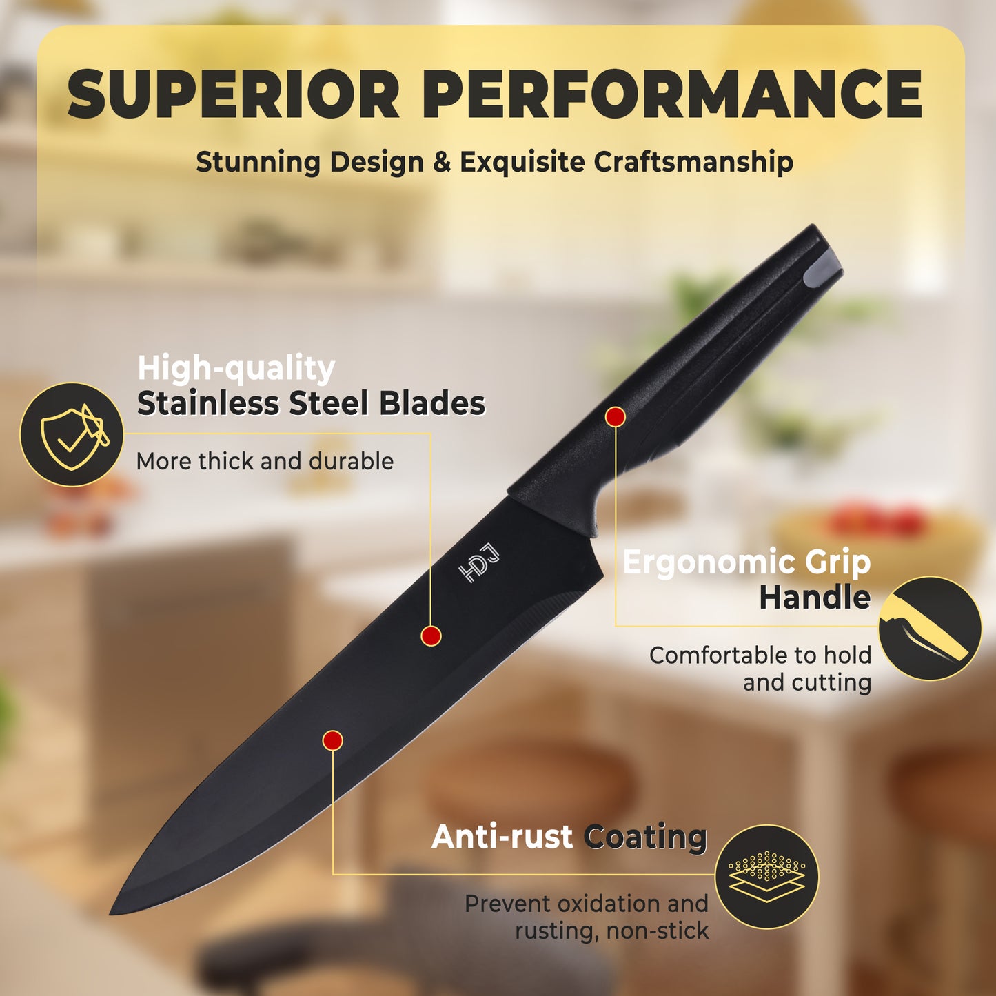 HDJ Kitchen Knife Set, 14Pcs Knife Set with Block and Built-in Sharpener, Healthy Anti-Rust Coating, Black