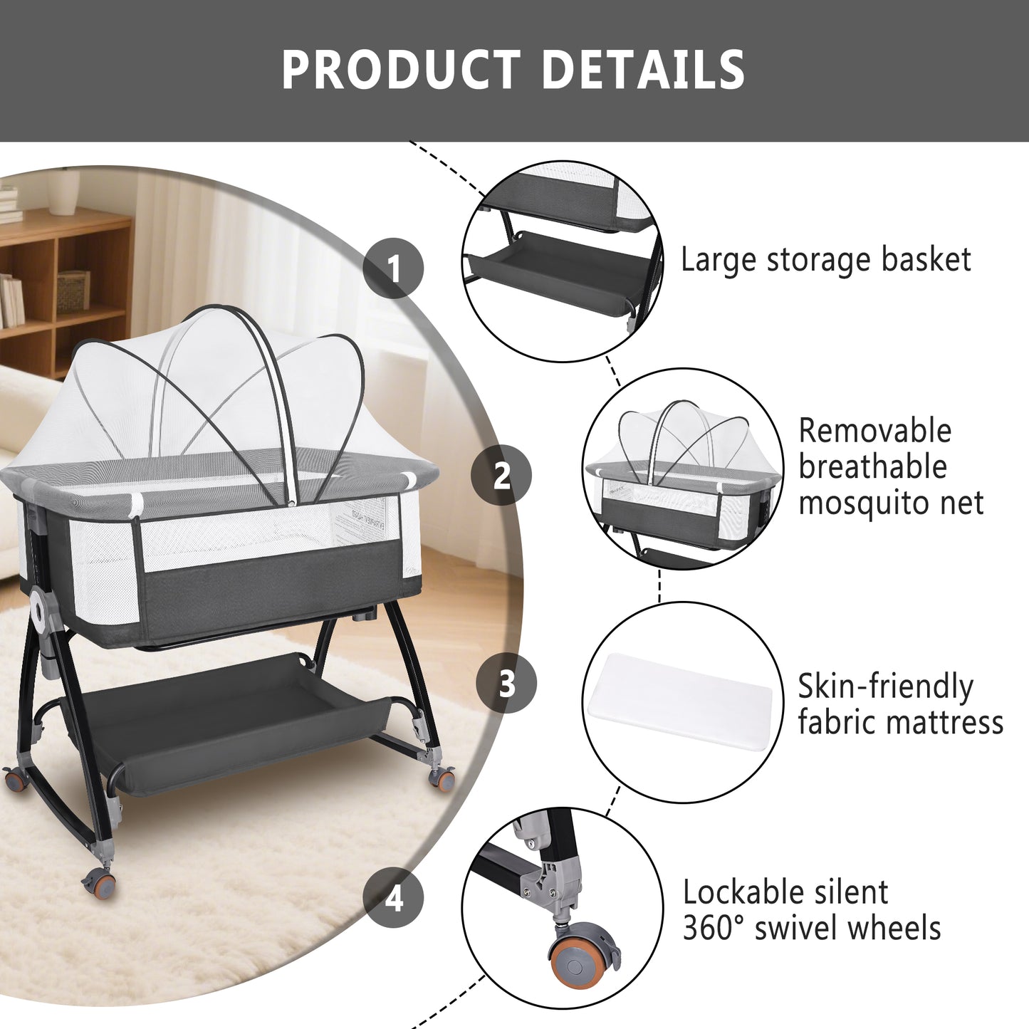 Baby Bassinet, HDJ Bedside Sleeper Bassinet with Storage Basket for Infant, Bedside Crib for 0-6 Months, Dark Gray/Pink