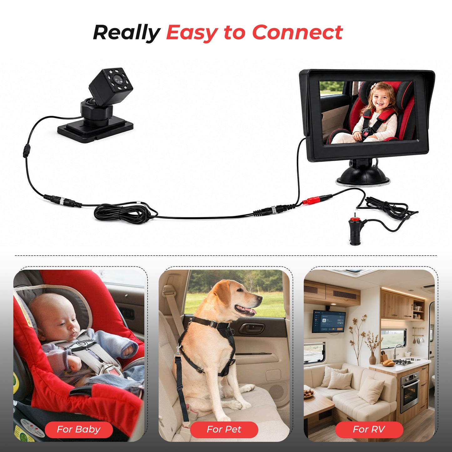 HDJ Baby Car Camera, 4.3" HD Night Vision Function Car Mirror Display, 360° Adjustable Safety Car Seat Mirror Camera Monitored Mirror with Wide Clear View