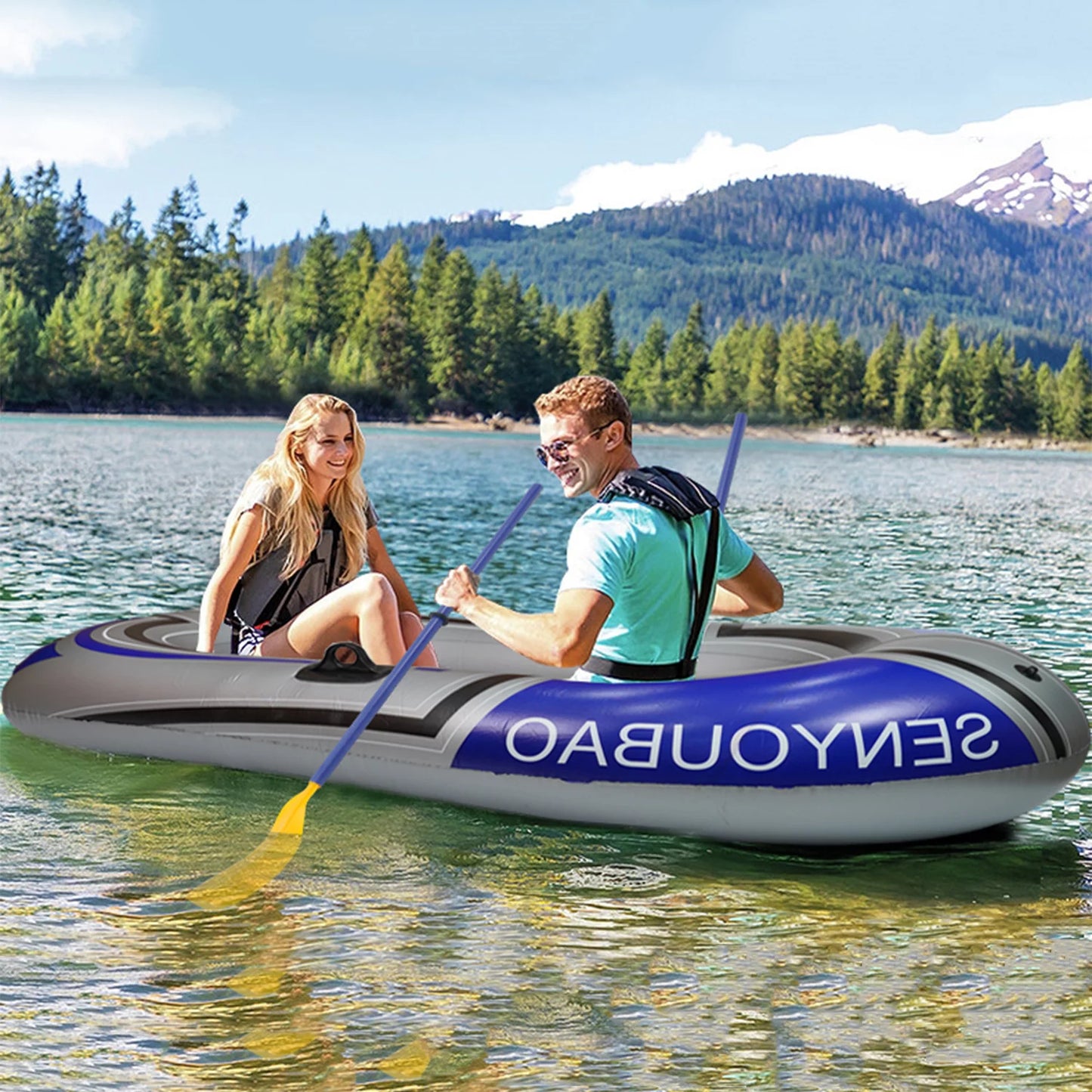 Inflatable Boat,2 Person 74 inch Inflatable Raft Fishing Boat with 2 Oars and Pump
