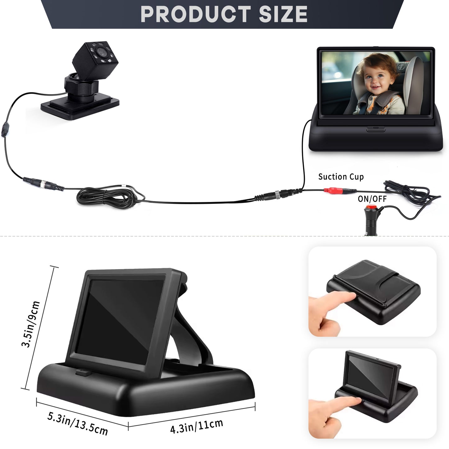 Baby Car Camera, HDJ 4.3'' HD Night Vision Function Car Mirror Display, 360° Adjustable Safety Car Seat Mirror Camera Monitored Mirror with Wide Clear View, Easily Observe Baby’s Move