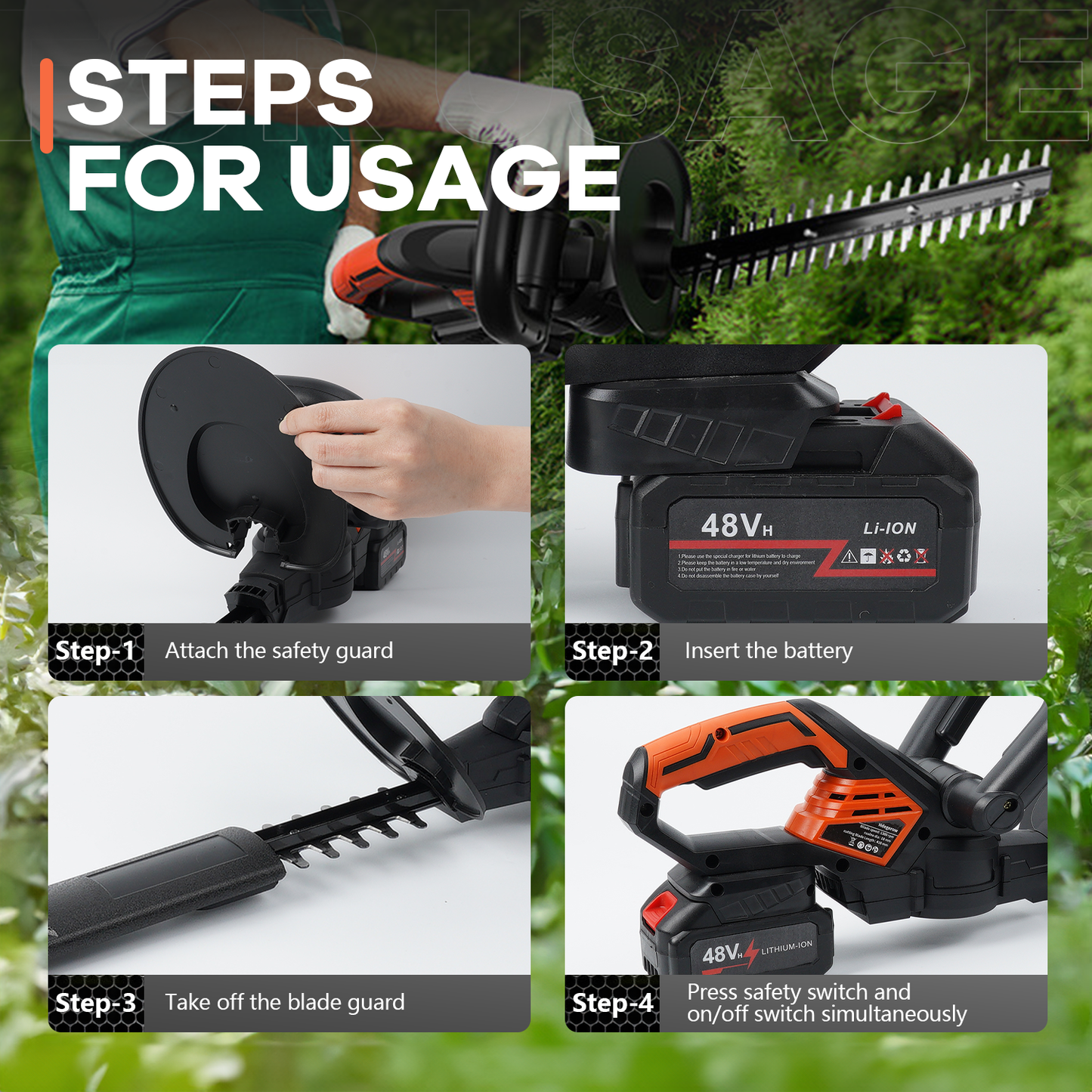 Hedge Trimmer Cordless , HDJ 21-Inch Steel Blade Max Cordless Hedge Trimmer with 48V Battery and Fast Charger, Electric Hedge Trimmer Cordless, Black and Orange