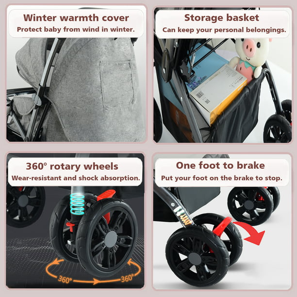 Baby Stroller, HDJ Folding High Landscape Infant Carriage, Reversible Bassinet Pram with Storage Basket, Anti-Shock Toddler Pushchair Stroller, Grey