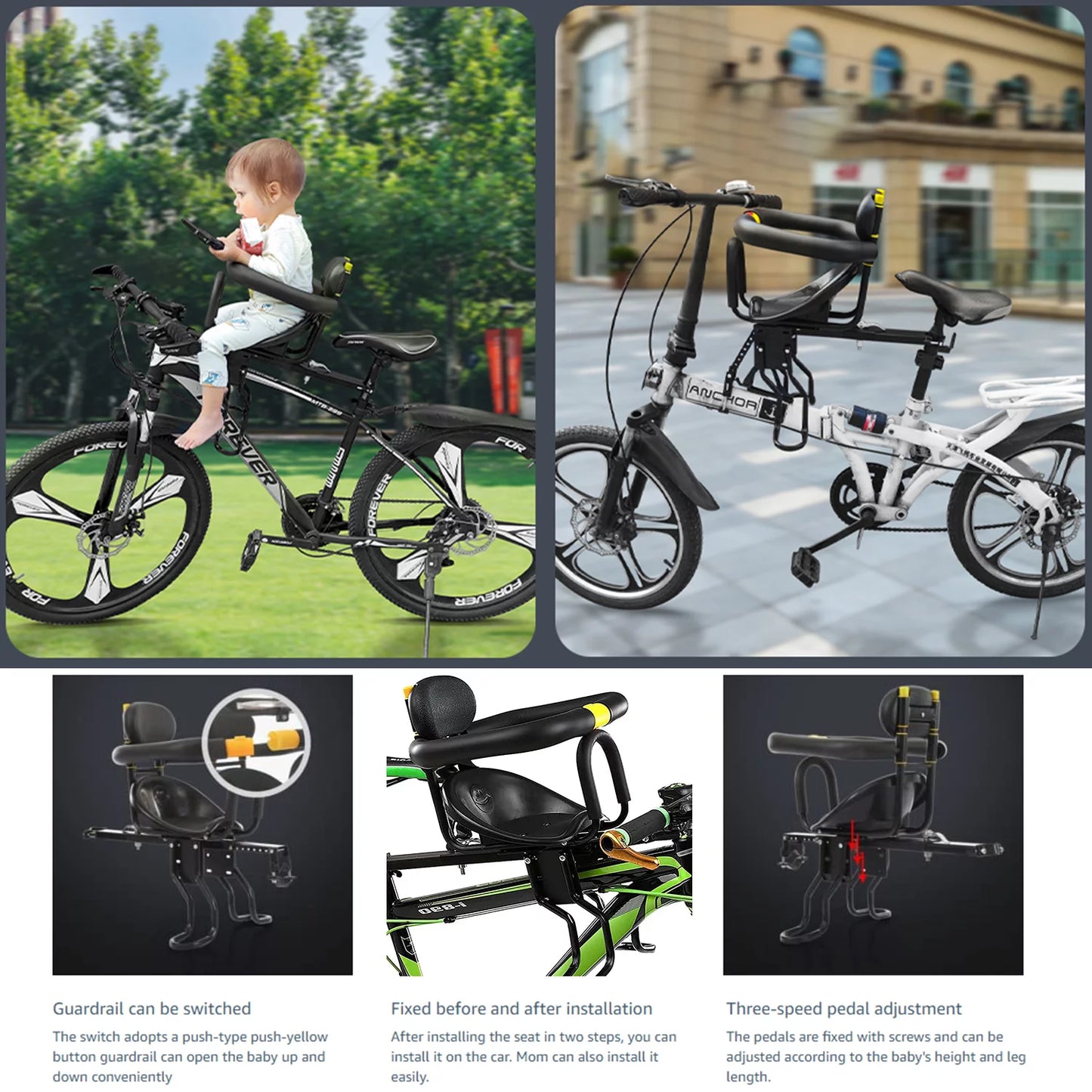 Kids Bike Seat,HDJ Child Bicycle Front Seat,Kids Safety Saddle with Foot Pedals Aluminum Alloy, Black