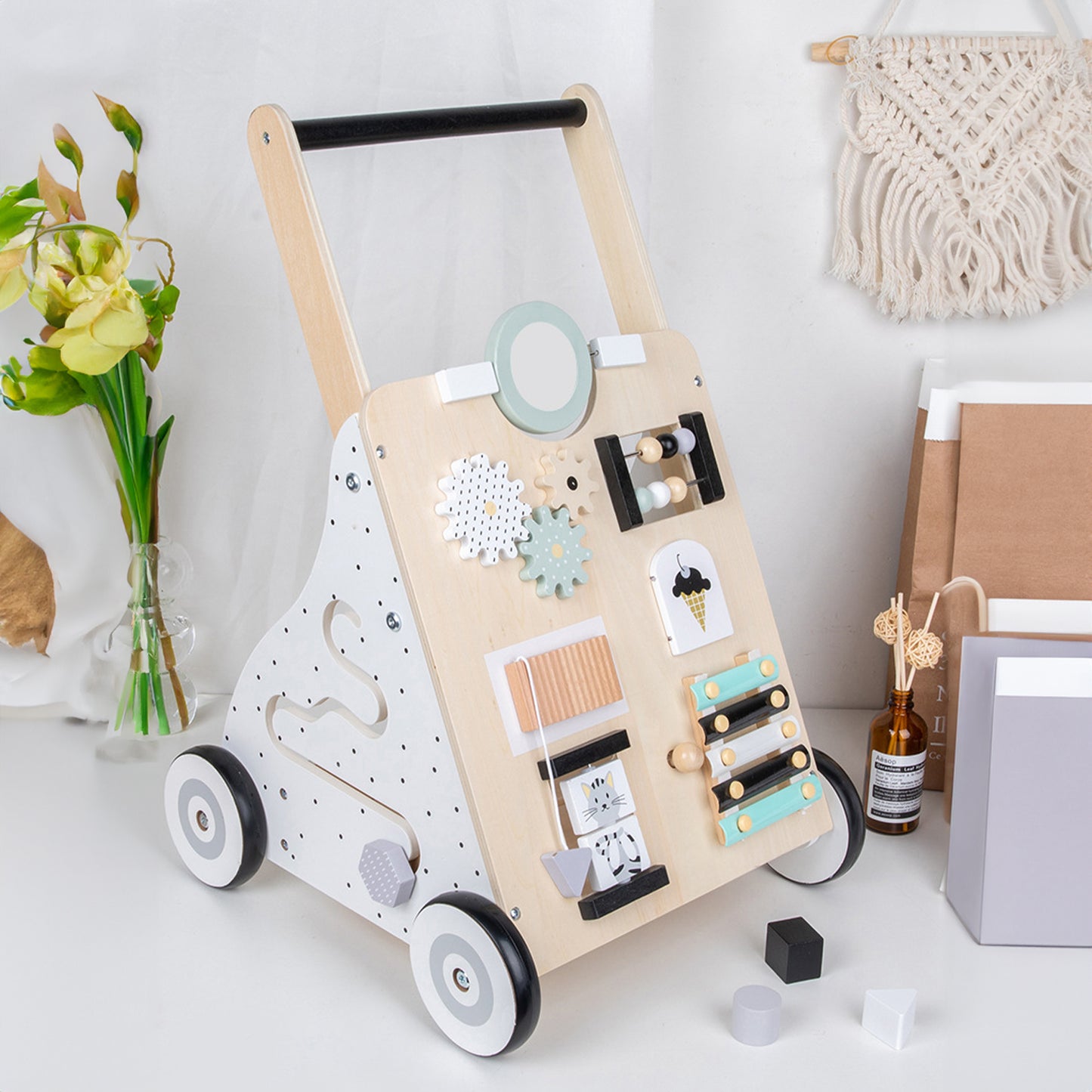 Wooden Baby Push Walker, HDJ 9 in 1 Baby Learning Walking Toys with Wheels for 1 Year Old Up, Develops Motor Skills and Stimulates Creativity, Todler Walker for Boys and Girls