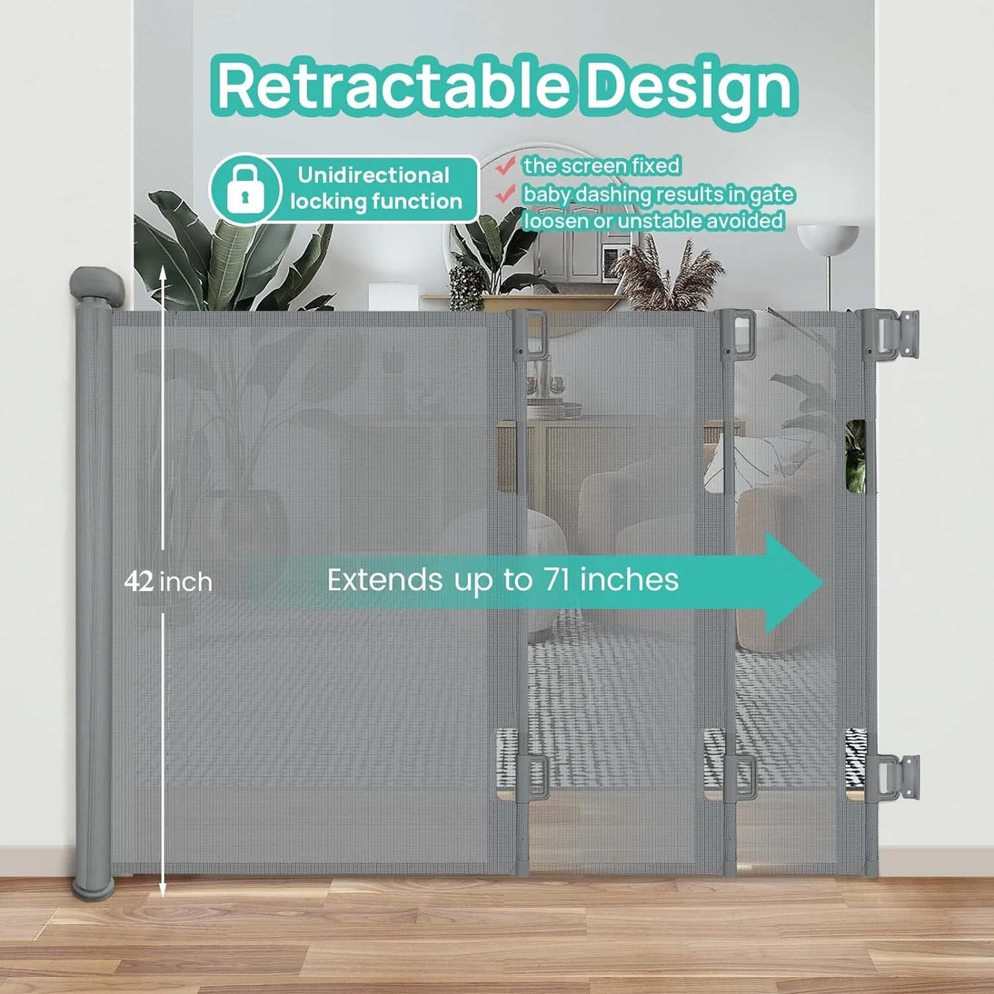 Retractable Baby Gate, HDJ 42-Inch Extra Tall Baby Gate, 71" Wide Baby Gate Dog Gate for Stair, Doorway, Gray/Black