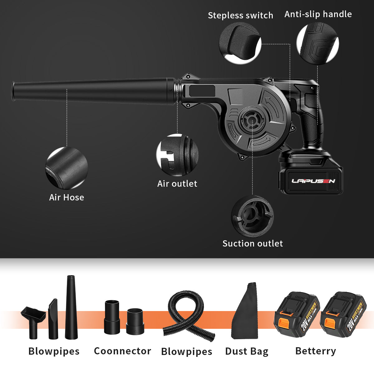 Cordless Leaf Blower, HDJ Electric Leaf Blower with 2 Batteries , 2-in-1 Sweeper for Blowing Leaf , Dust , Yard