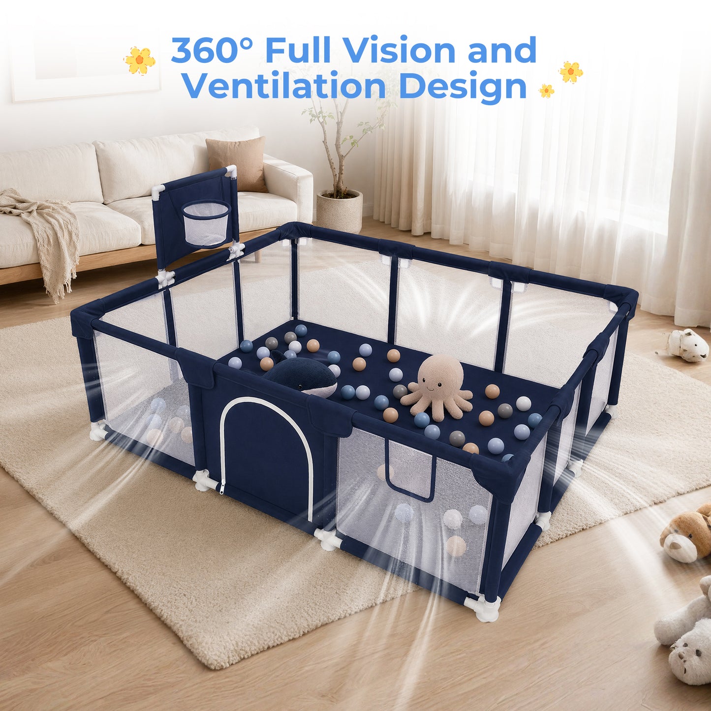 Baby Playpen, HDJ 71 inch Extra Large Baby Playard with Basketball Hoop, Toddlers Play Yard Fence for Indoors Outdoors, Black/Blue/Gray
