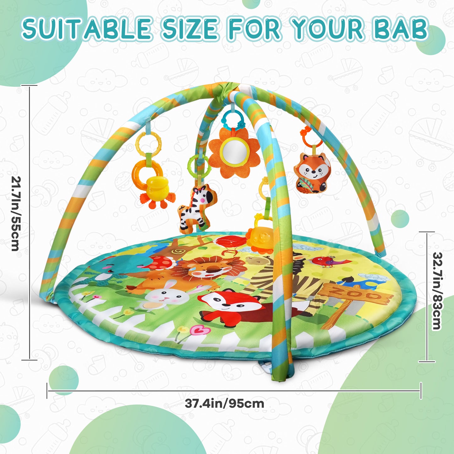 Baby Gym Mat , HDJ Washable Baby Activity Play Mat with 5 Detachable Toys for Boys and Girls, Infant Toddler Ages 0+ Months , Green