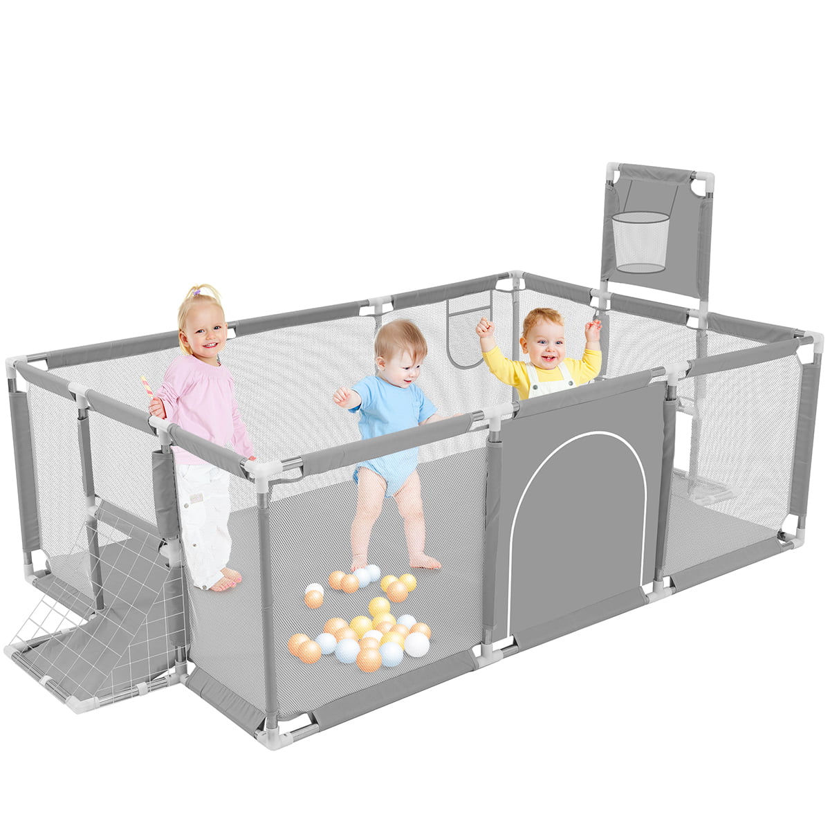 Baby Playpen,71 Inch Extra Large Baby Playard With Basketball Hoop and Breathable Mesh, Baby Play Fence for Indoors Outdoors