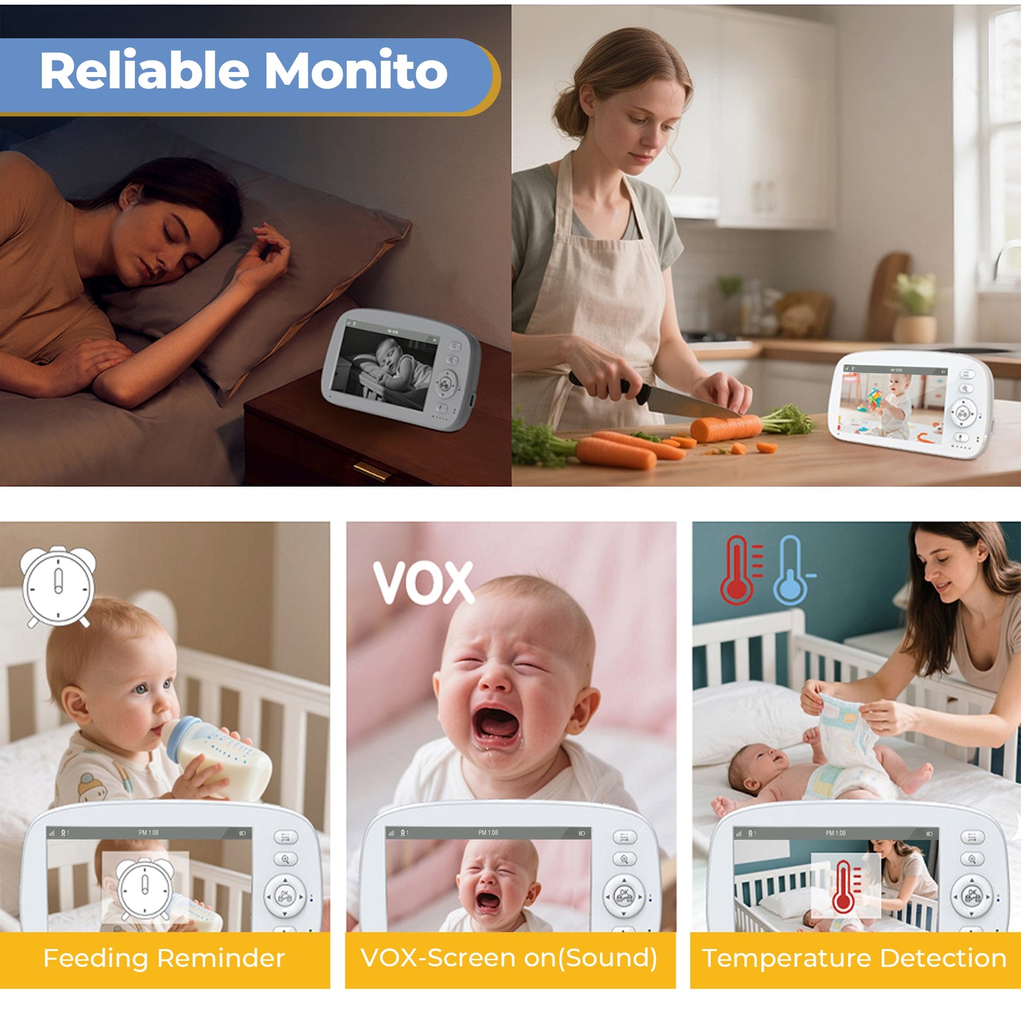 HDJ Baby Monitor with Camera and Audio,5" LCD Screen Video Baby Monitor-VOX,Lullabies,No WiFi,1000 ft Range,Feeding Timer,Temperature Sensor,Night Vision