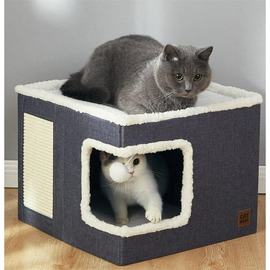 HDJ Indoor Pet Bed for Cats, Covered Foldable Kennel Bed with Scratching Board, Suitable for Many Small Pets, Dark Gray/Light Gray/Navy Blue
