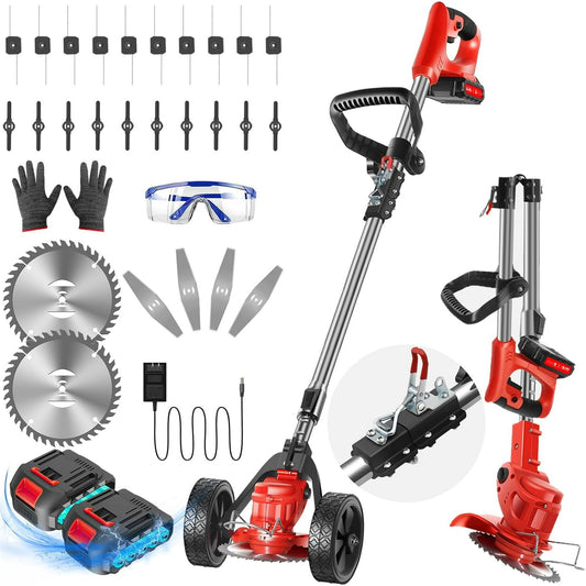 Cordless String Trimmer, HDJ 42V 48-in Telescopic Electric Weed Wacker on Wheels, Grass Trimmer with 4 Types Blades and 6000mAh Battery Powered for Garden, Yard, Black