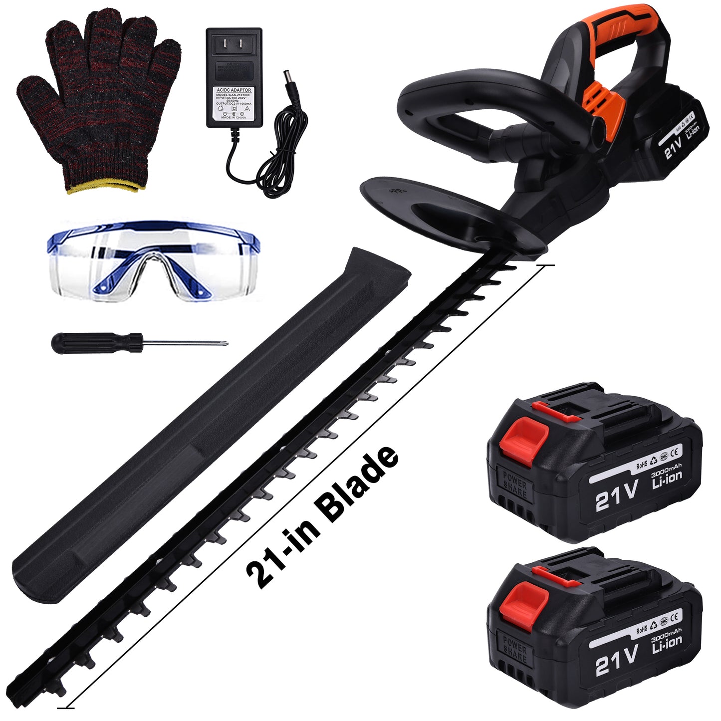 Hedge Trimmer Cordless , HDJ 21-inch Steel Blade Max Cordless Hedge Trimmer with 21V Battery and Fast Charger, Electric Hedge Trimmer Cordless, Black and Orange