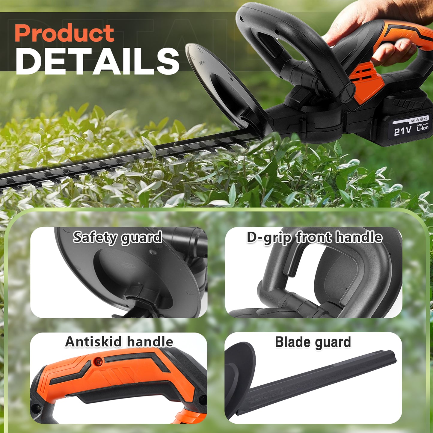 Hedge Trimmer Cordless , HDJ 21-inch Steel Blade Max Cordless Hedge Trimmer with 21V Battery and Fast Charger, Electric Hedge Trimmer Cordless, Black and Orange