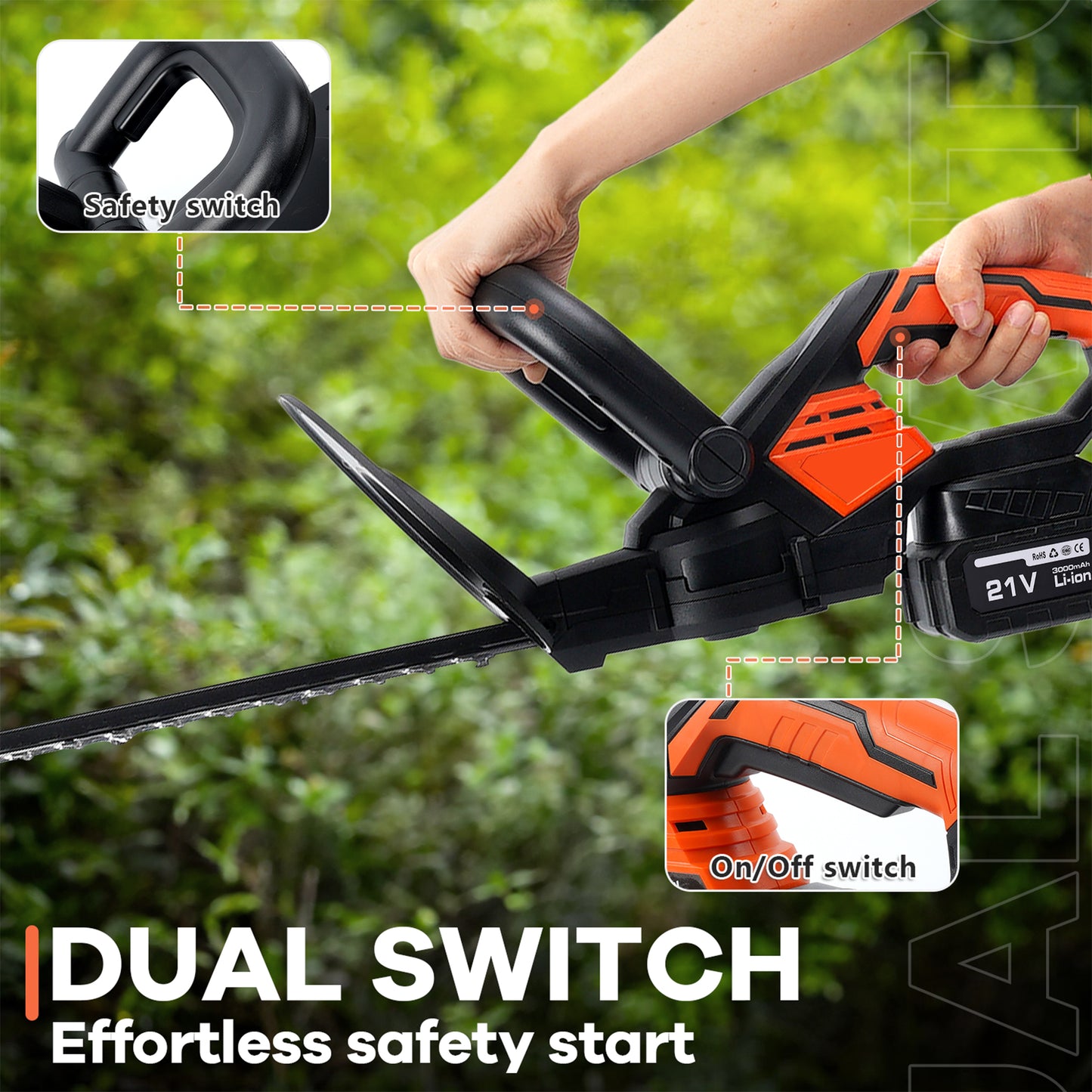Hedge Trimmer Cordless , HDJ 21-inch Steel Blade Max Cordless Hedge Trimmer with 21V Battery and Fast Charger, Electric Hedge Trimmer Cordless, Black and Orange