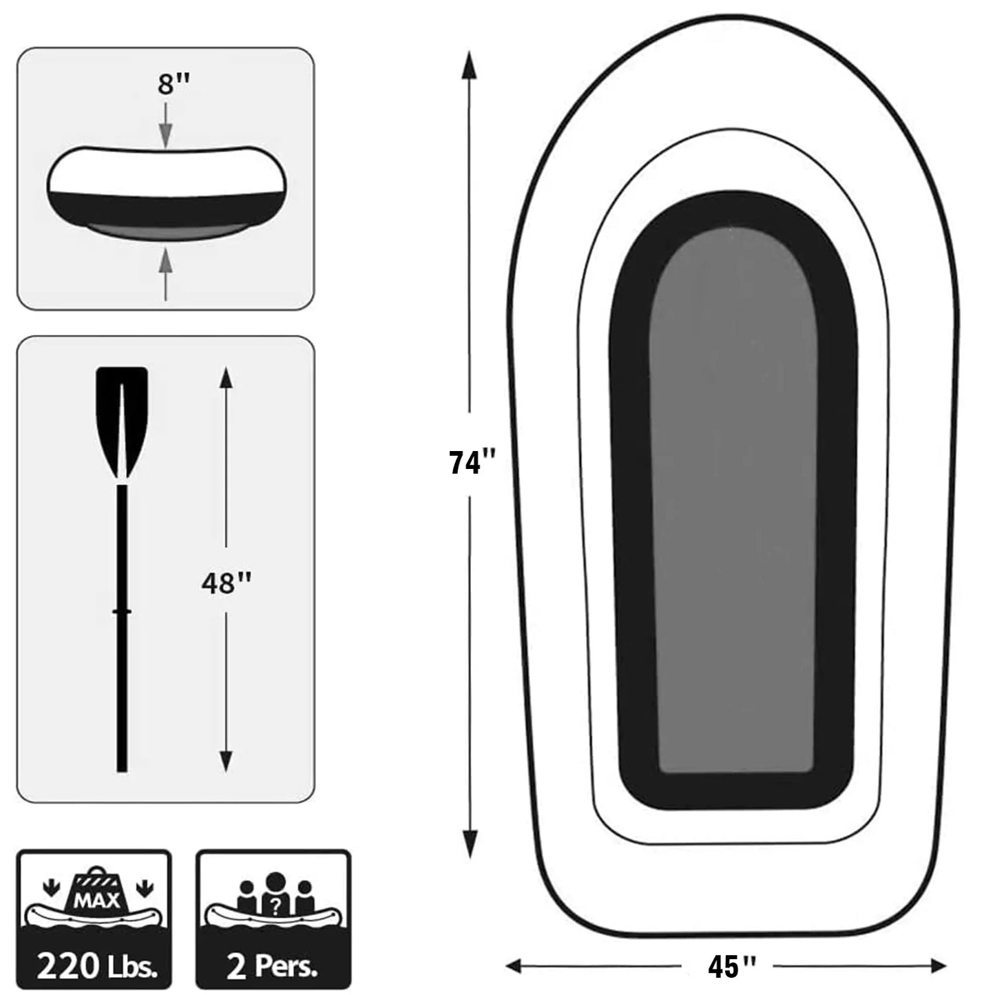 Inflatable Boat,2 Person 74 inch Inflatable Raft Fishing Boat with 2 Oars and Pump