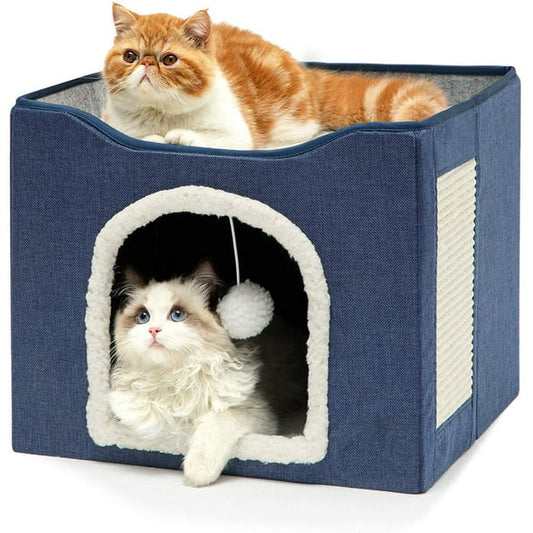 HDJ Cat Bed with Scratch Pad, Cat House with Fluffy Ball Hanging for Cat, Dog,Pets ,16.5x16.5x14 inches