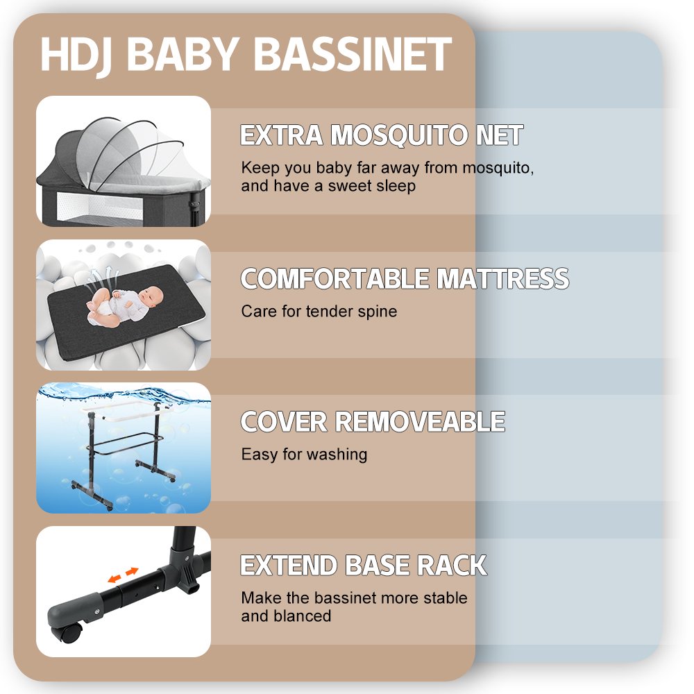 Baby Bassinet,Adjustable Baby Bassinet Bedside Sleeper with Changing Stantion,Bed Side Crib for Infants,Light Gray
