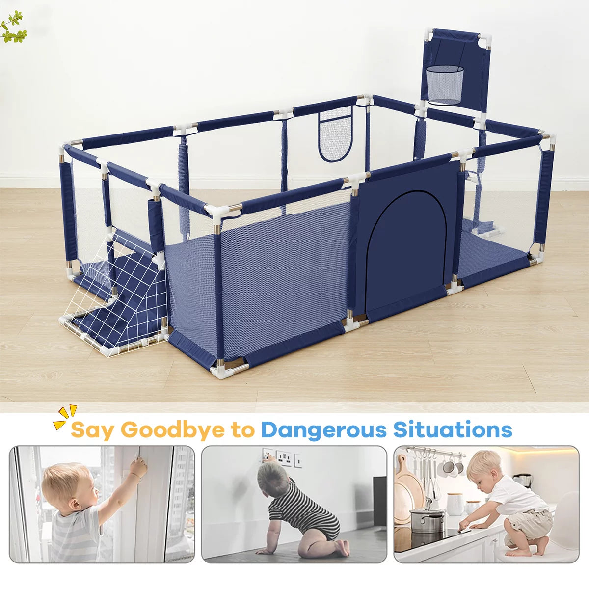 Baby Playpen,71 Inch Extra Large Baby Playard With Basketball Hoop and Breathable Mesh, Baby Play Fence for Indoors Outdoors