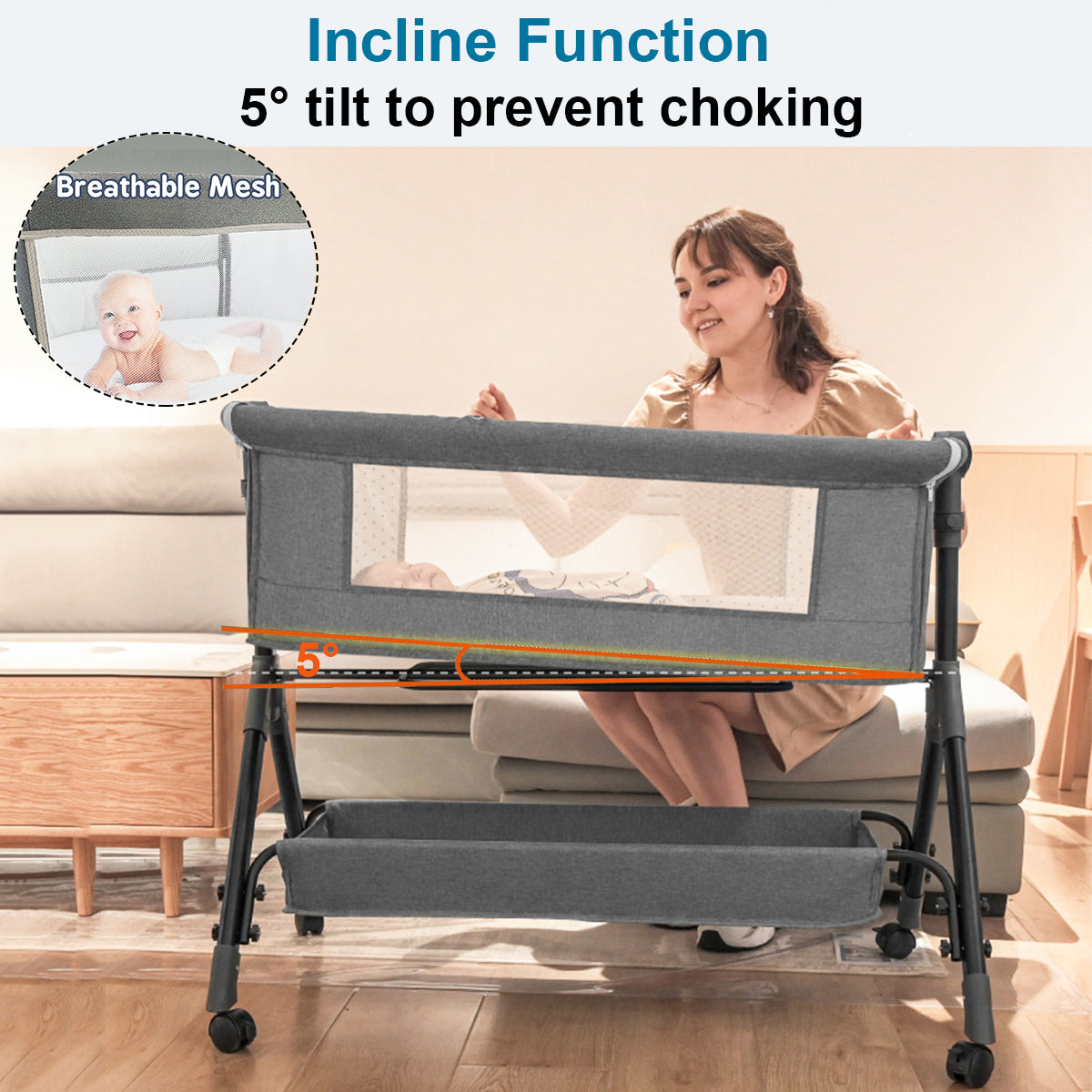 Baby Bassinet for Infant,Adjustable Bedside Sleeper with 360° Wheel and Storage Basket,Crib for Newborns