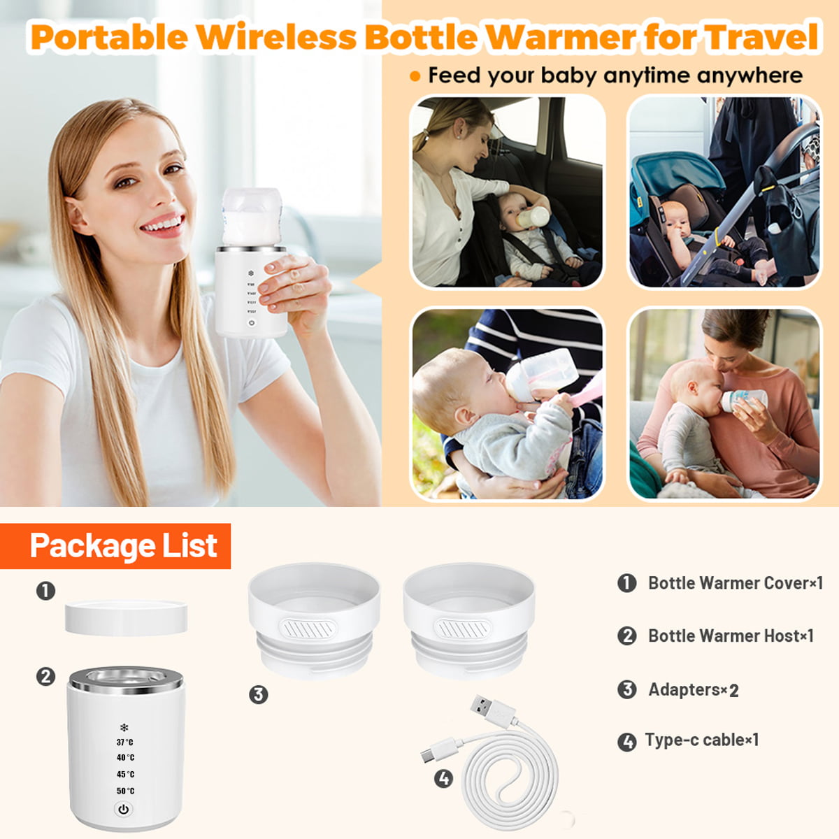 Portable Baby Bottle Warmer,HDJ Rechargeable Milk Warmer with 2 Adapters 3 Min Fast Heating Wireless Breastmilk Defrost and Heater for Travel