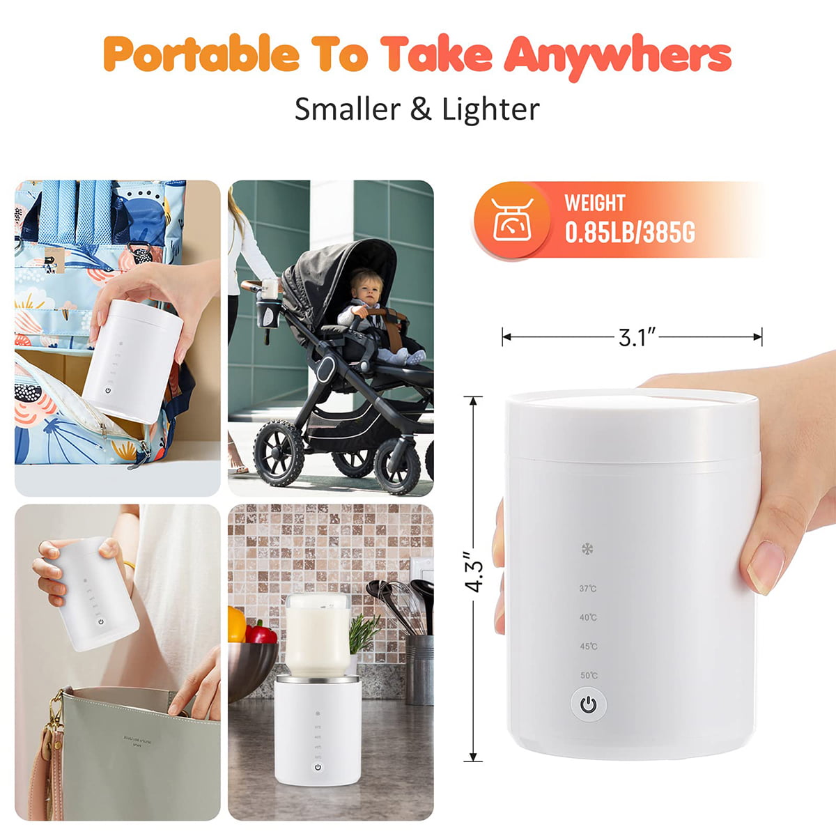 Portable Baby Bottle Warmer,HDJ Rechargeable Milk Warmer with 2 Adapters 3 Min Fast Heating Wireless Breastmilk Defrost and Heater for Travel