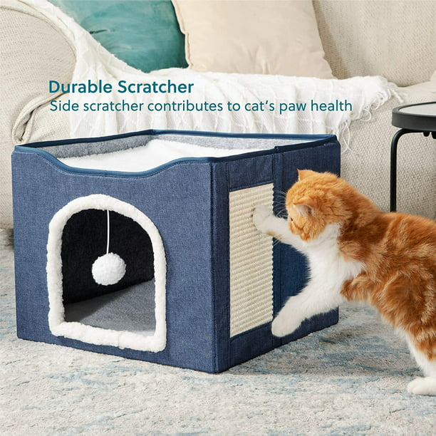 HDJ Cat Bed with Scratch Pad, Cat House with Fluffy Ball Hanging for Cat, Dog,Pets ,16.5x16.5x14 inches