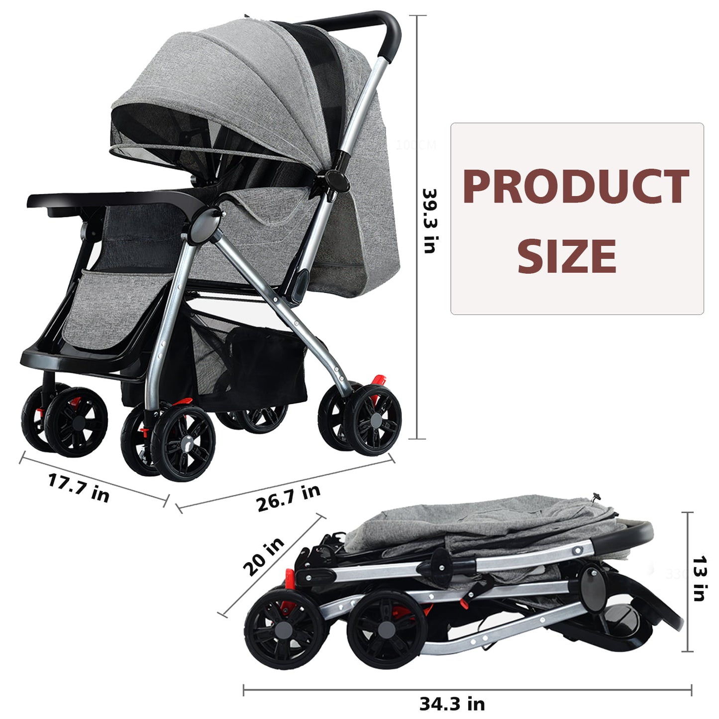 Baby Stroller, HDJ Folding High Landscape Infant Carriage, Reversible Bassinet Pram with Storage Basket, Anti-Shock Toddler Pushchair Stroller, Grey