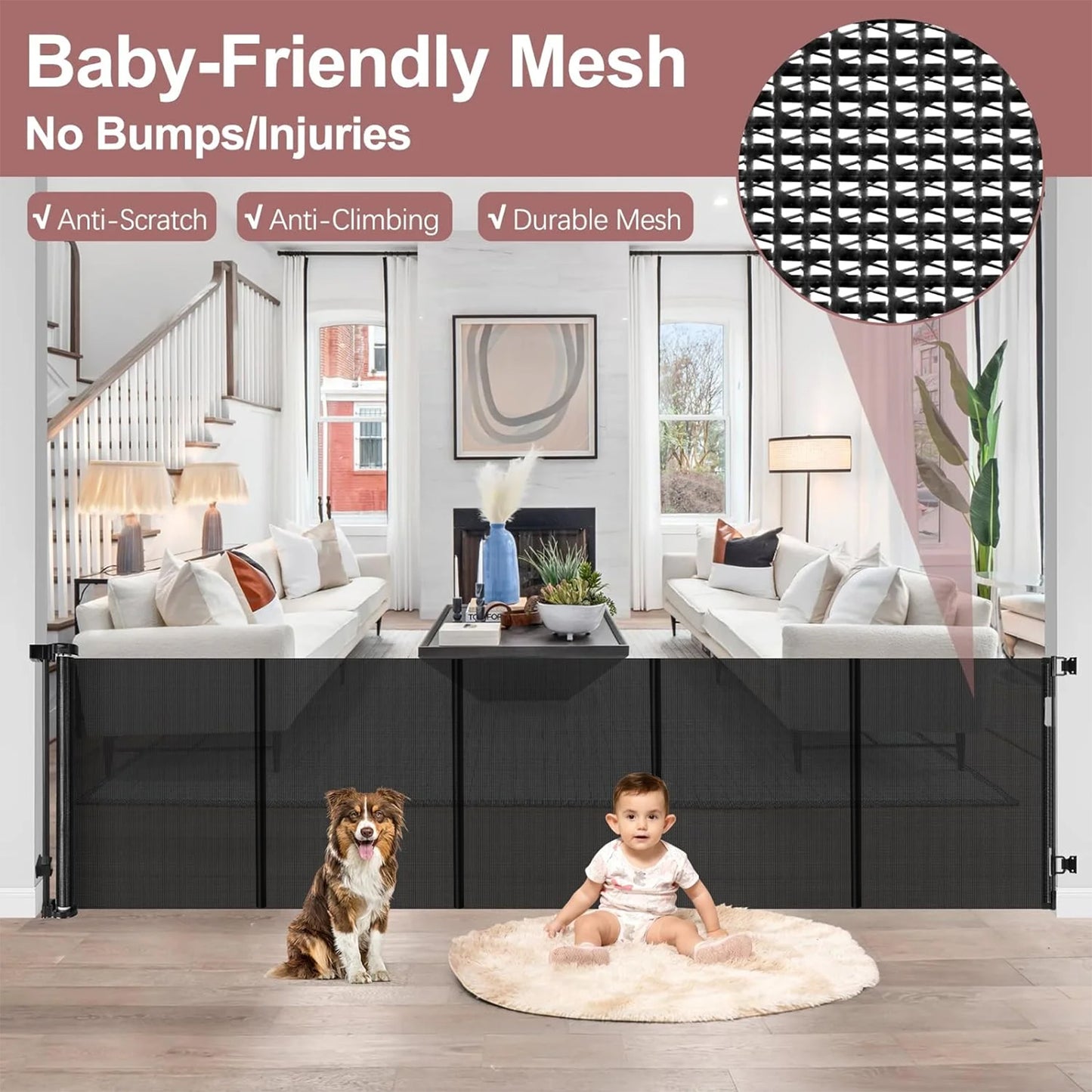 Retractable Baby Gate,HDJ 120 in. Wide x 34 in. Tall Baby Safety Gate for Stairs Doorways,Metal Dog Gate,Extra Wide,Black