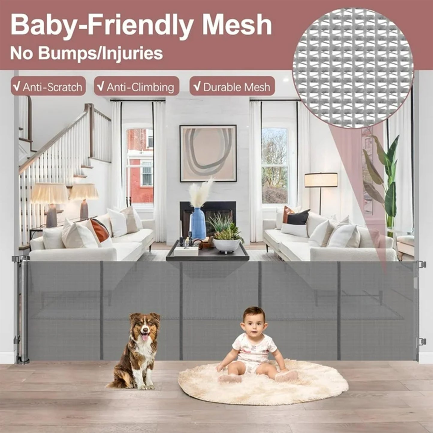 Retractable Baby Gate,HDJ 120 in. Wide x 34 in. Tall Baby Safety Gate for Stairs Doorways,Metal Dog Gate,Extra Wide,Black