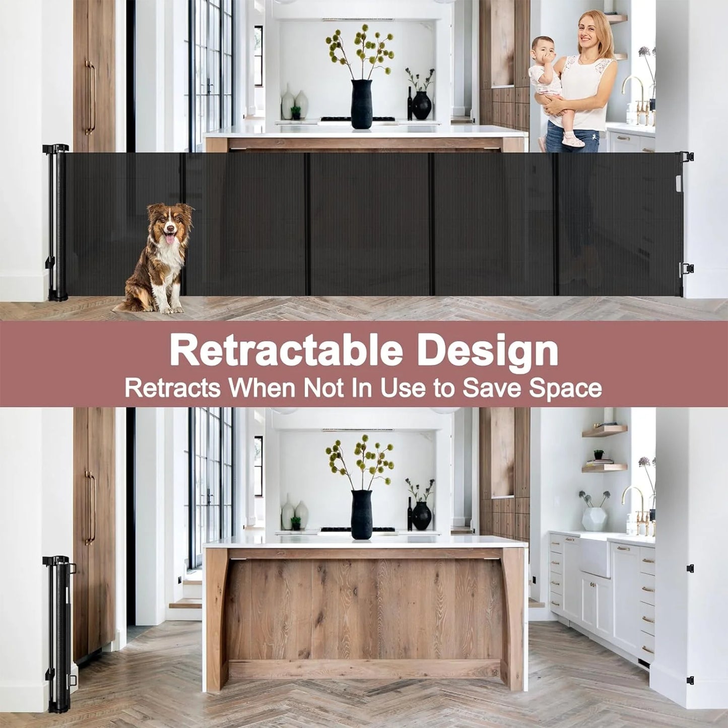 Retractable Baby Gate,HDJ 120 in. Wide x 34 in. Tall Baby Safety Gate for Stairs Doorways,Metal Dog Gate,Extra Wide,Black
