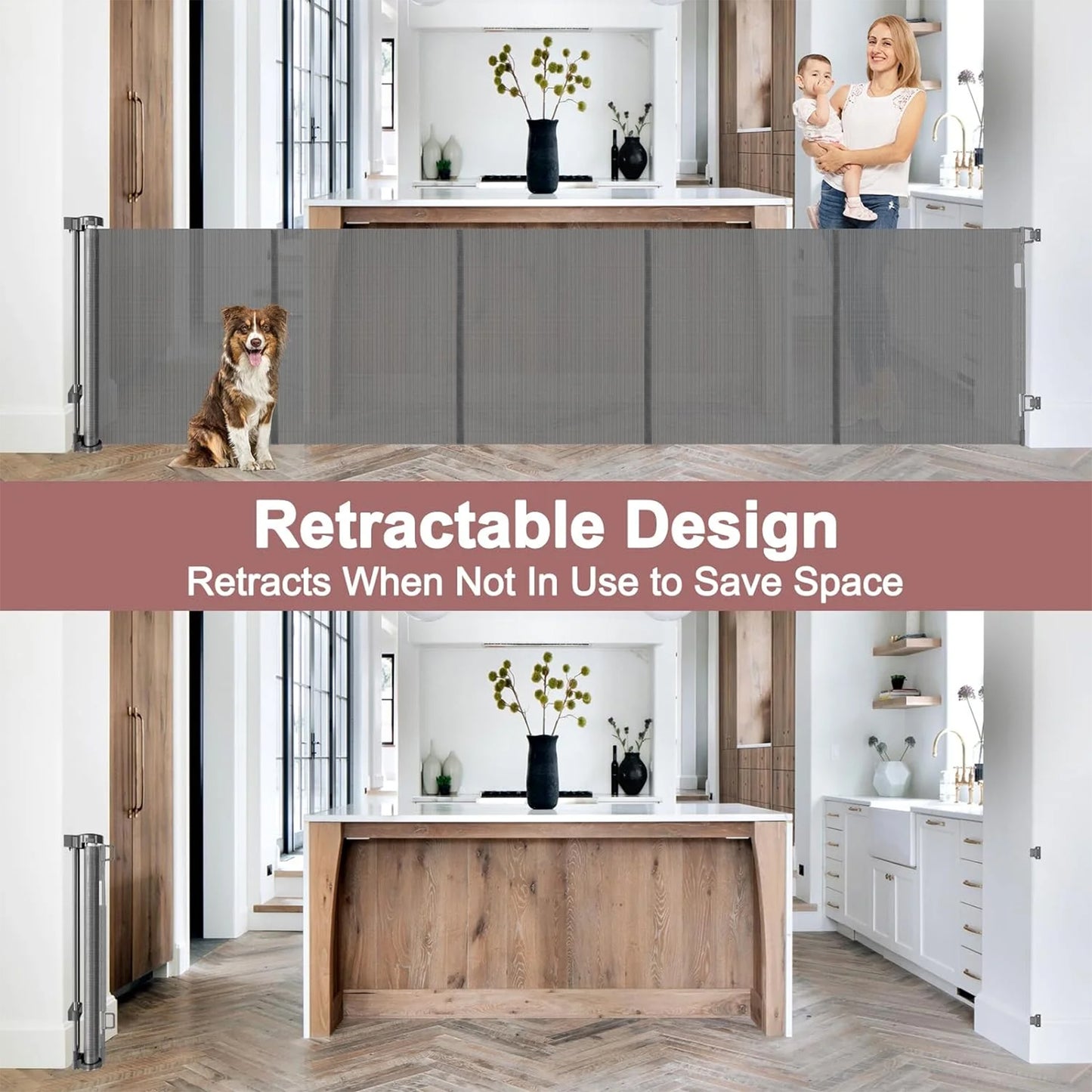 Retractable Baby Gate,HDJ 120 in. Wide x 34 in. Tall Baby Safety Gate for Stairs Doorways,Metal Dog Gate,Extra Wide,Black