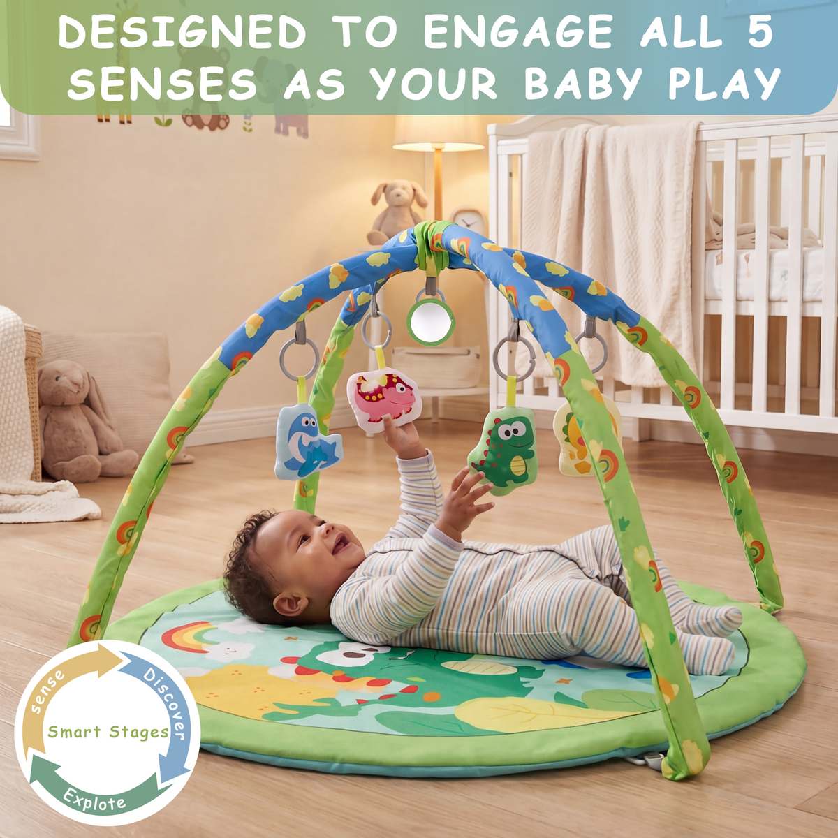 Baby Gym Mat , HDJ Washable Baby Activity Play Mat with 5 Detachable Toys for Boys and Girls, Infant Toddler Ages 0+ Months , Green