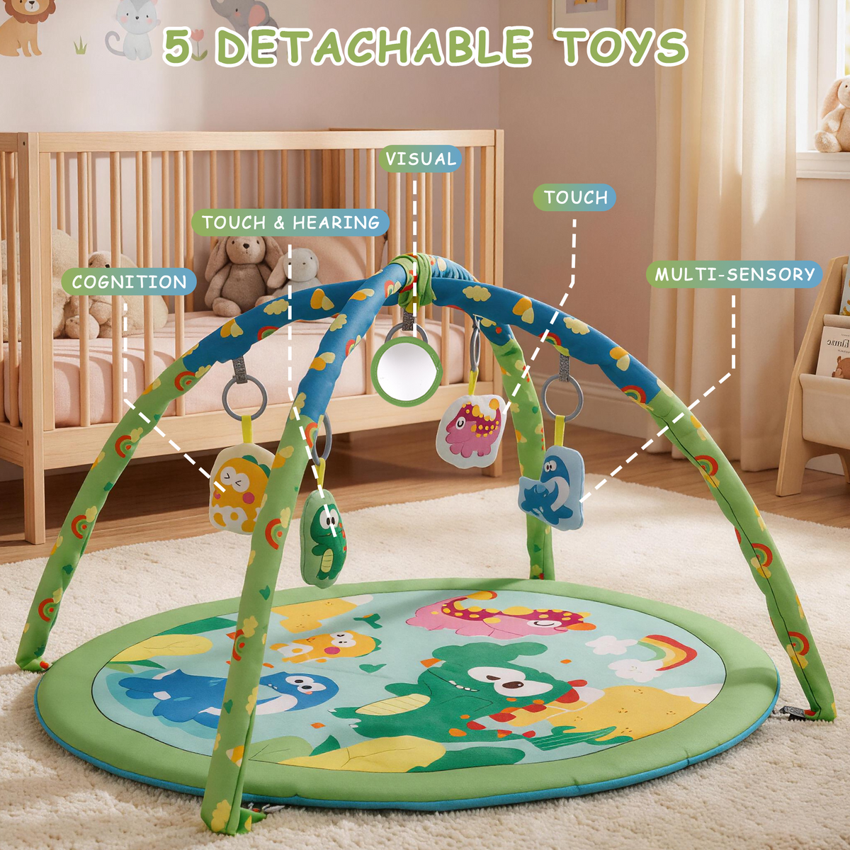 Baby Gym Mat , HDJ Washable Baby Activity Play Mat with 5 Detachable Toys for Boys and Girls, Infant Toddler Ages 0+ Months , Green