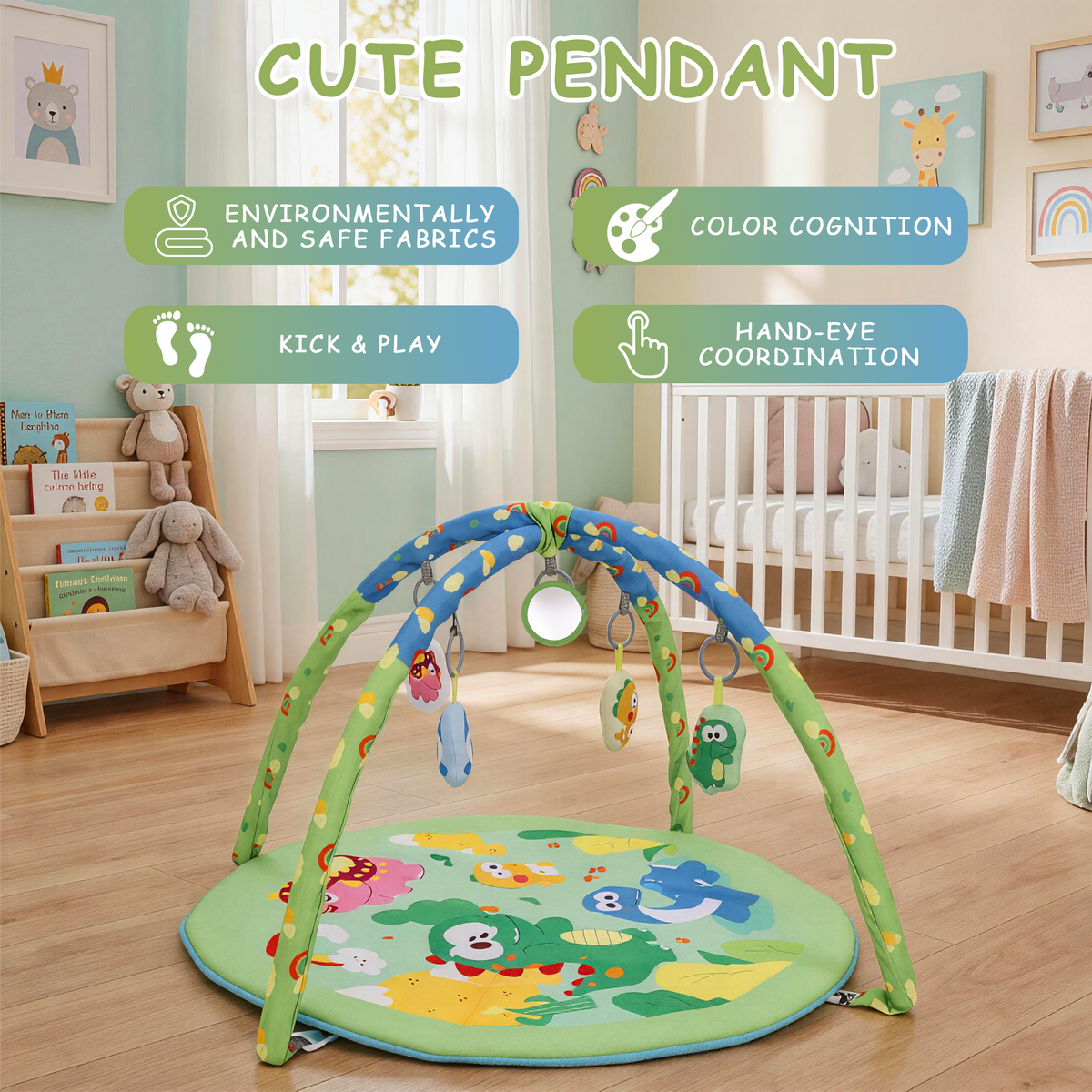 Baby Gym Mat , HDJ Washable Baby Activity Play Mat with 5 Detachable Toys for Boys and Girls, Infant Toddler Ages 0+ Months , Green