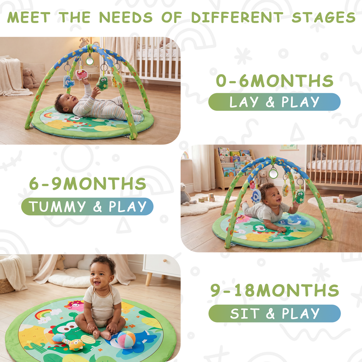 Baby Gym Mat , HDJ Washable Baby Activity Play Mat with 5 Detachable Toys for Boys and Girls, Infant Toddler Ages 0+ Months , Green