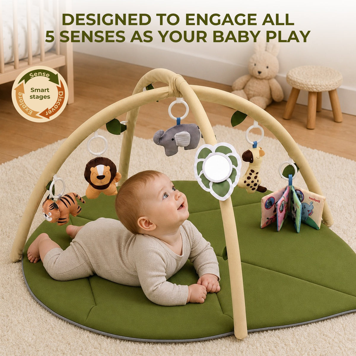 Baby Gym Mat , HDJ Baby Play Gym & Activity Mat, Washable Oversize Leaf Shaped Baby Play Mat with 6 Detachable Toys for Boys and Girls, Infant Toddler Ages 0+ Months , Green